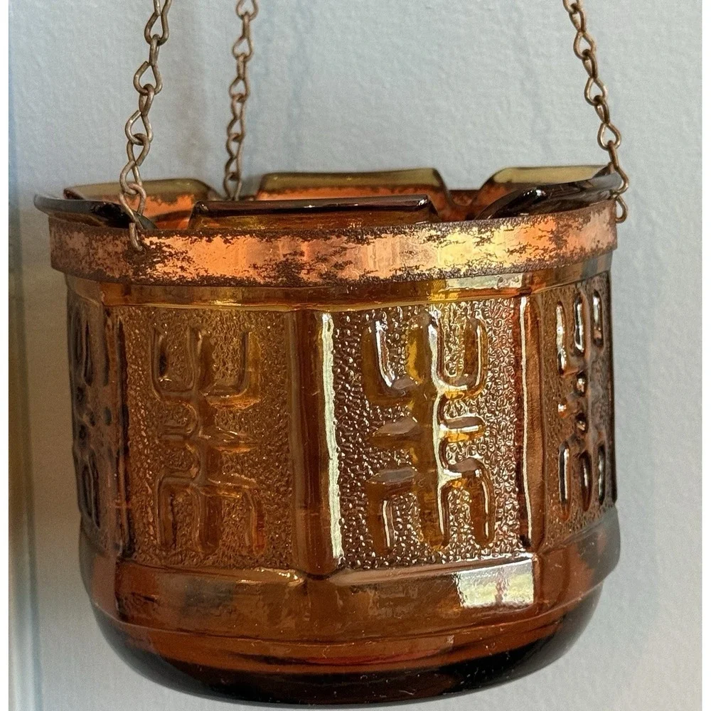 Vintage Amber Glass Hanging Lantern Pot Copper Band Mid Century Modern Tiki Boho